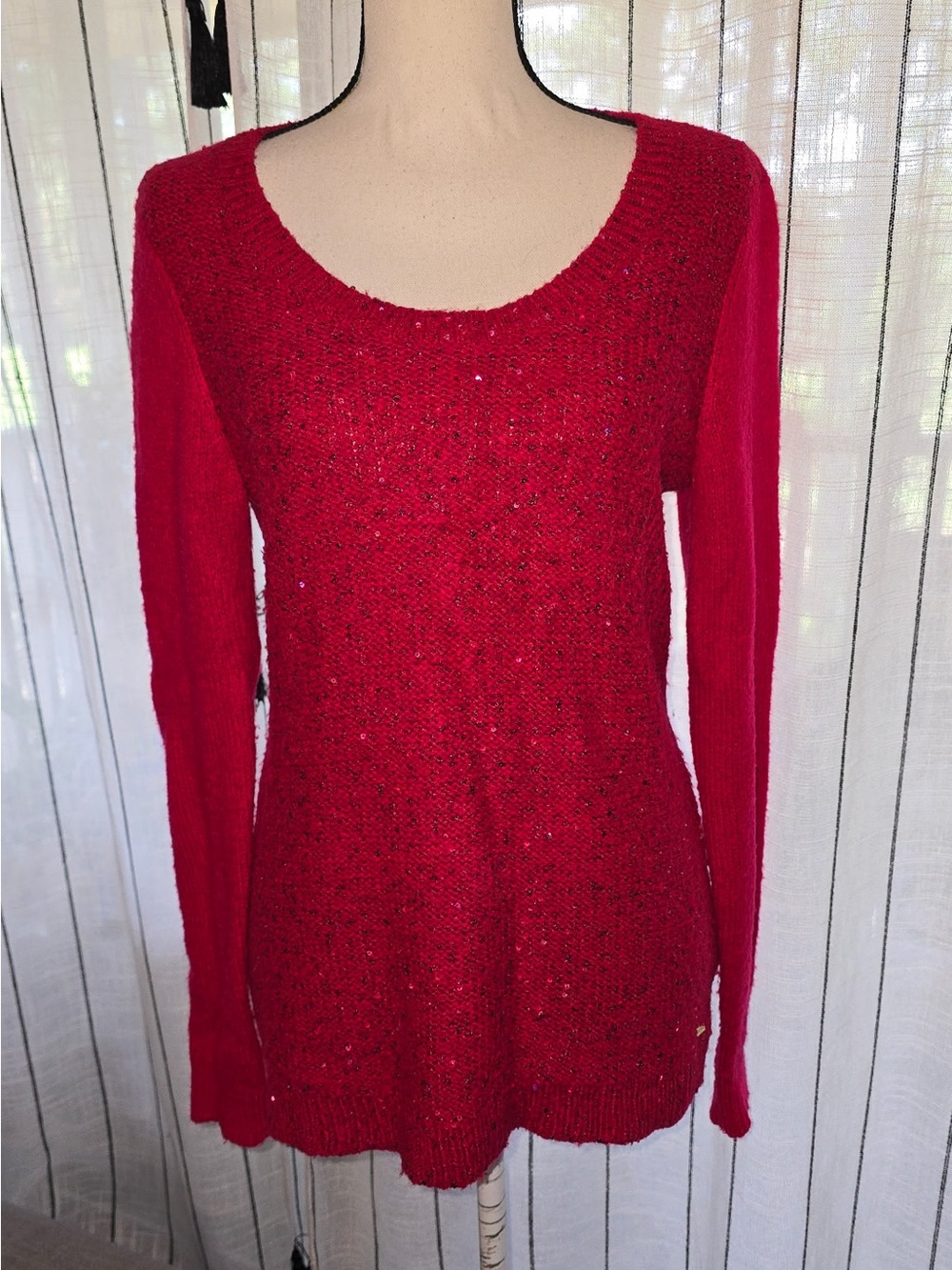 Tommy Hilfiger Red Scoop Neck Sequin Knit Sweater